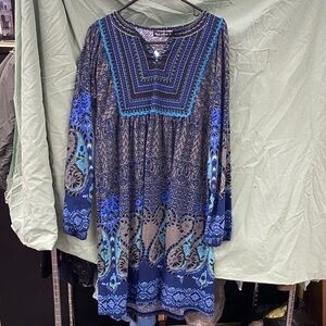 White Mark Bohemian Blue Patterned Above Knee Dress Size M